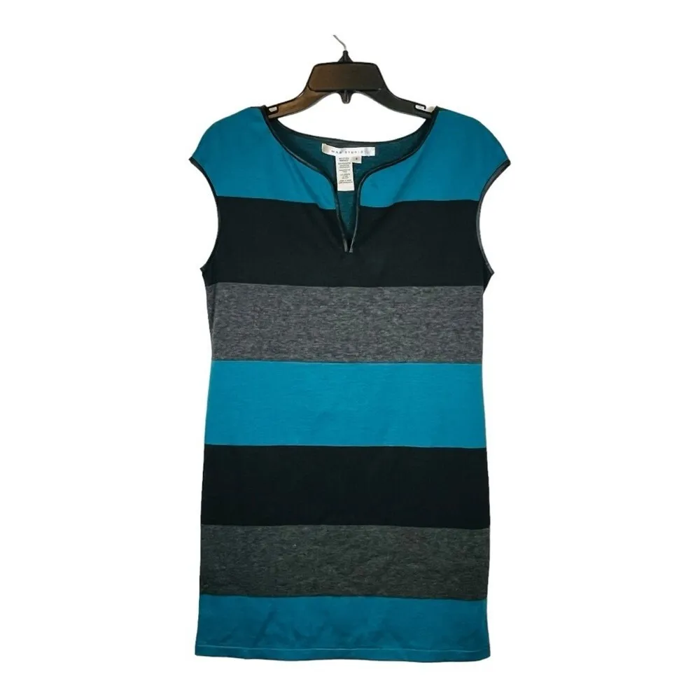 Max Studio Striped Sheath Sleeveless Dress Faux Leather Trim Women Size‎ Small - Image 2