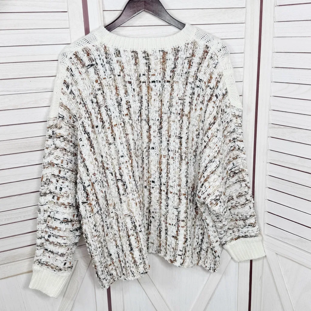 andthewhy Cable Knit Plaid Tweed Knit Back Crew Neck Slouchy Sweater White - Image 12