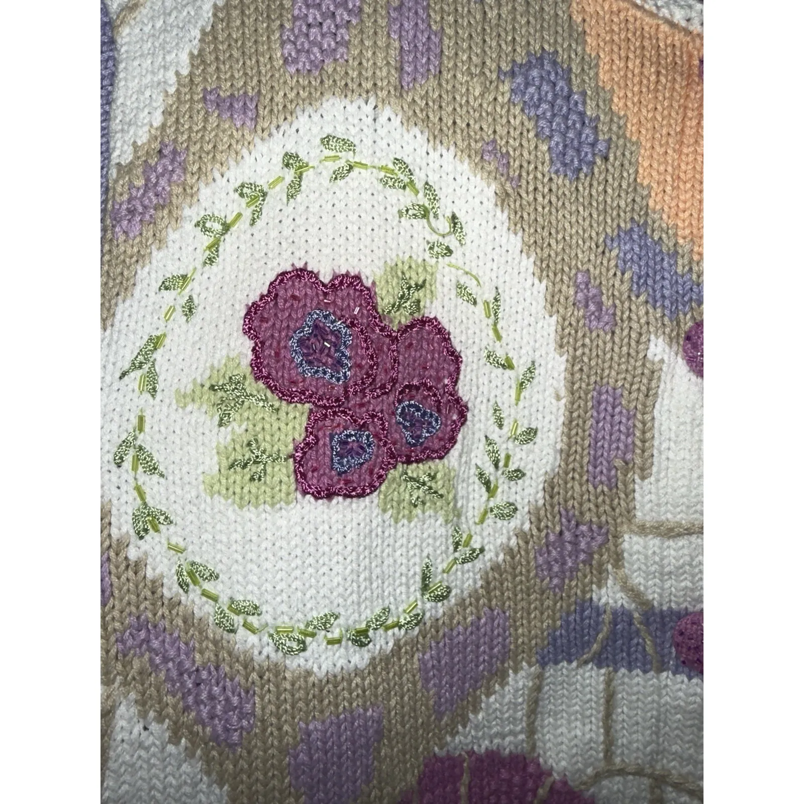 VTG Handknits by Storybook Knits Cardigan‎ Argyle Floral Embroidered Lavender 1X Purple Size 16P - Image 3