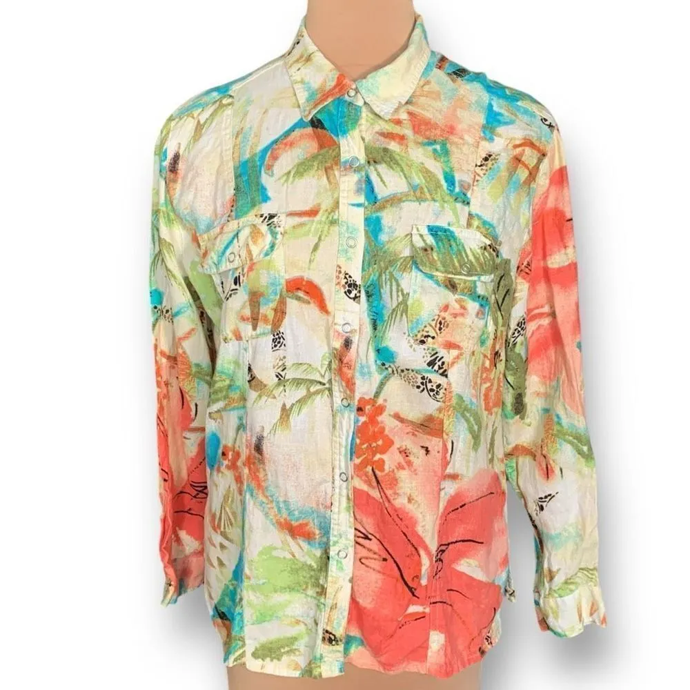 Chicos Shirt Multicolor Tropical Flower Animal Print Long Sleeve Linen Collared - Image 11