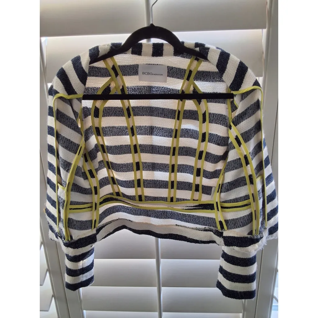 BCBGeneration Women's S Black White Striped Open Front Blazer Jacket Neon Accent - Image 4