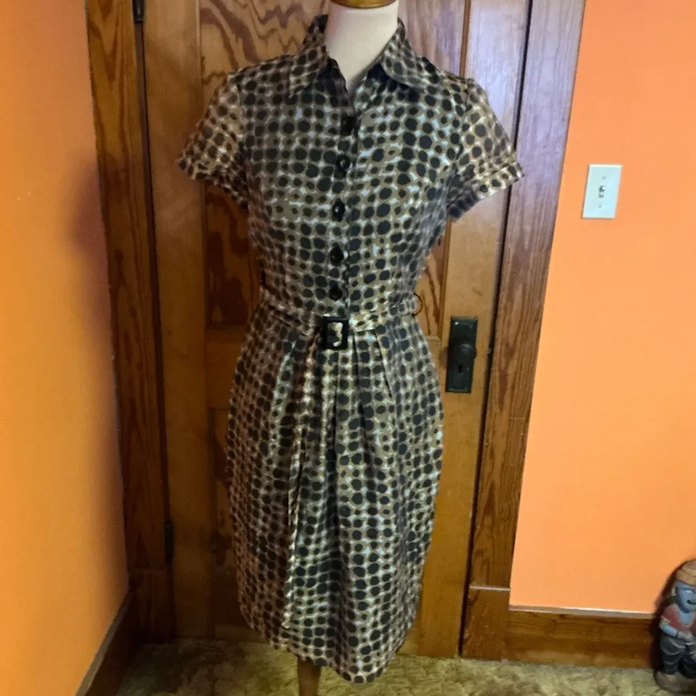 Adrianna Papell Polka Dot Belted Midi Dress Retro Inspired Neutral Tones - Image 12