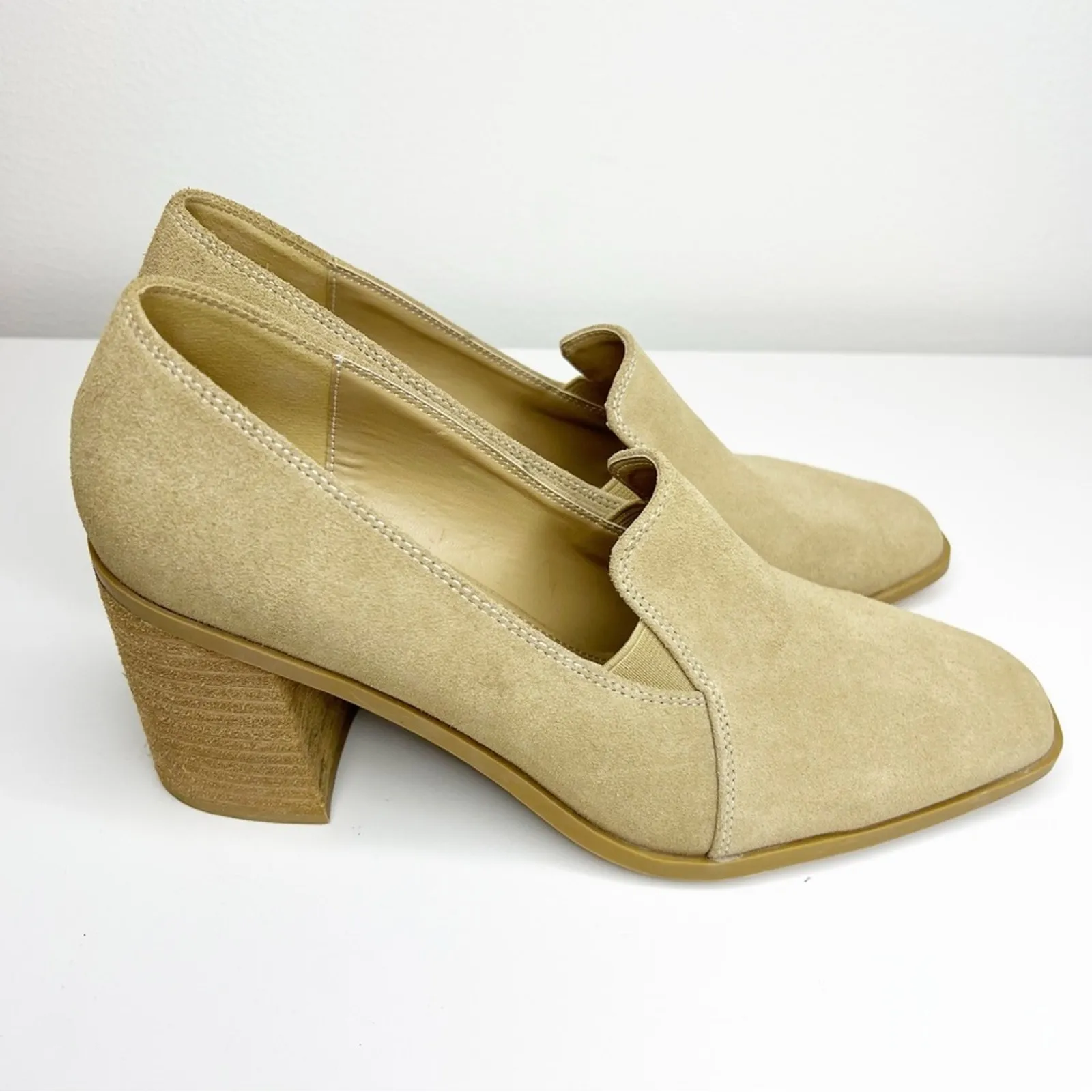 Joie Wevenly Suede‎ Square Toe Heeled Loafers 8.5 Tan - Image 4