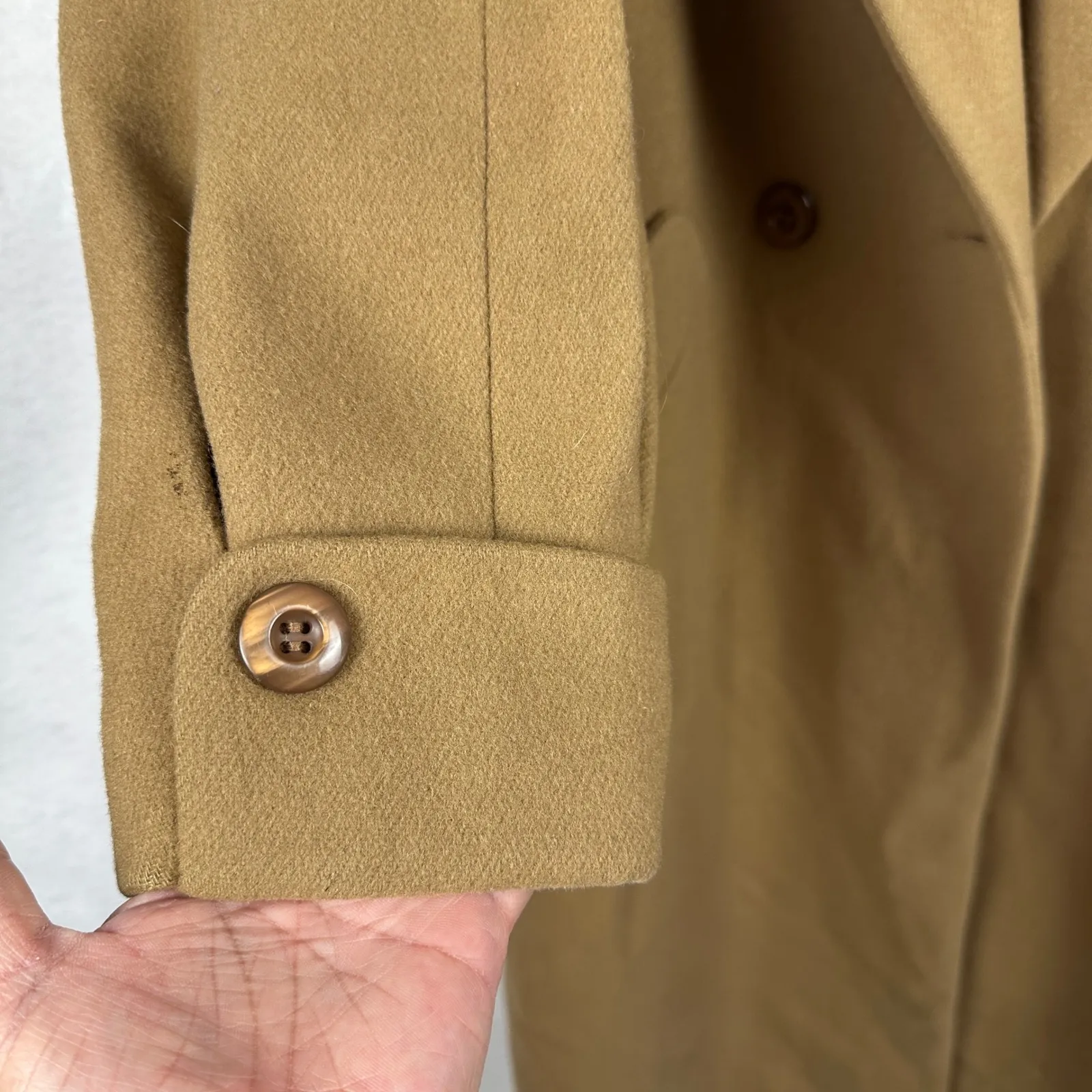 Vintage Liz Baker Essentials Wool Coat Petite 10 Double Breasted Long‎ Beige Tan Size 10P - Image 9