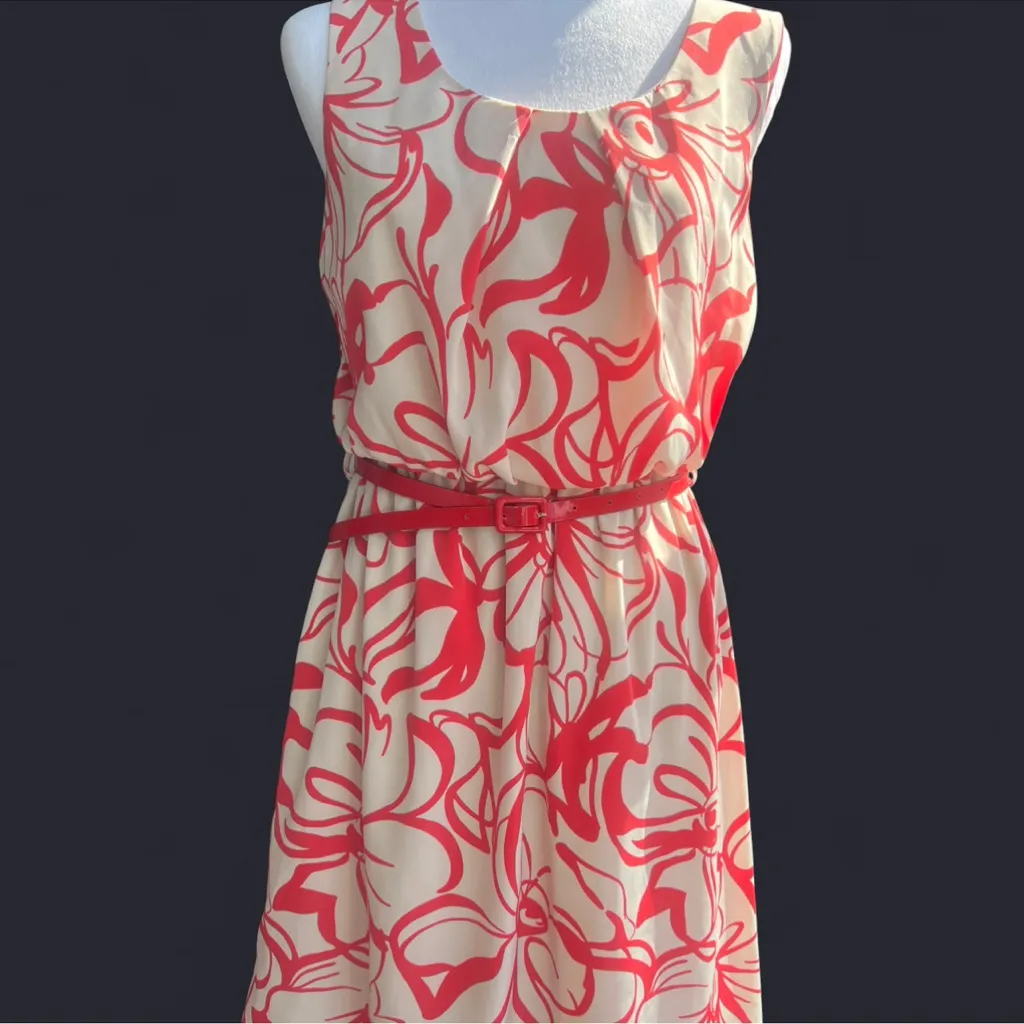 Floral‎ Swirl Poema sleeveless Coral Red dress with belt made in the USA size S - Image 3