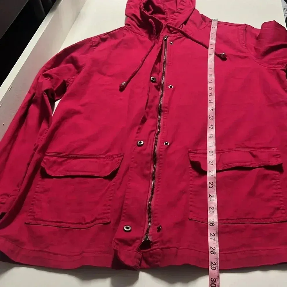 Imperfect 100% cotton utility jacket denim button down jacket zipper pocket hood Red Size M - Image 8