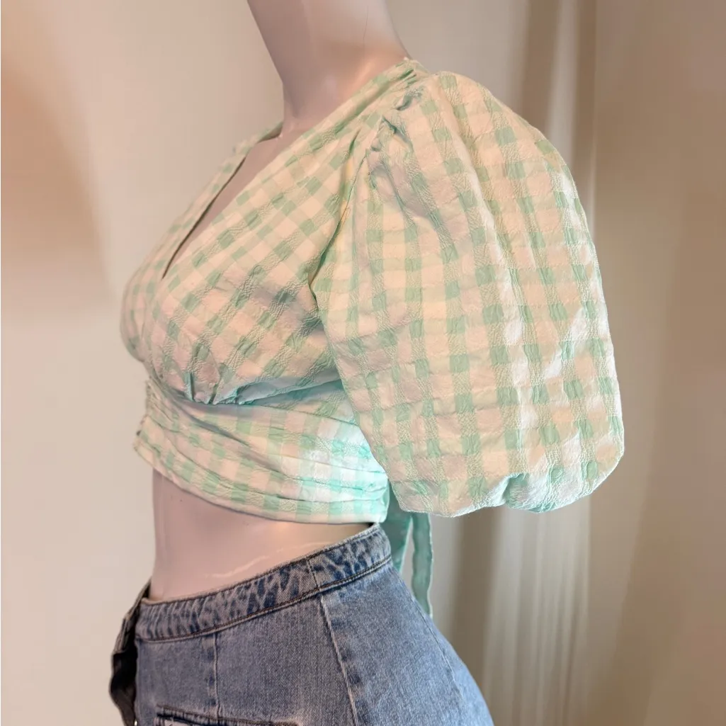 Zara Gingham Tie Back Cropped Top Green White Seersucker Puff Sleeve V-Neck Smal - Image 5