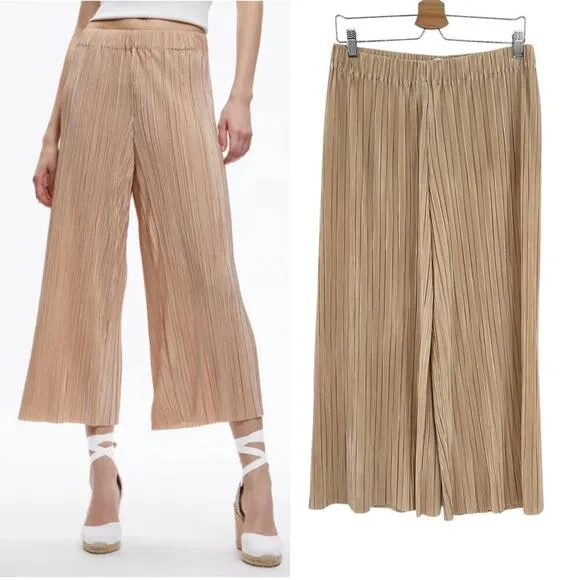 Alice + Olivia Benny Pants Ribbed Pleated Plisse Cropped Wide Leg Tan Size Large - Image 2