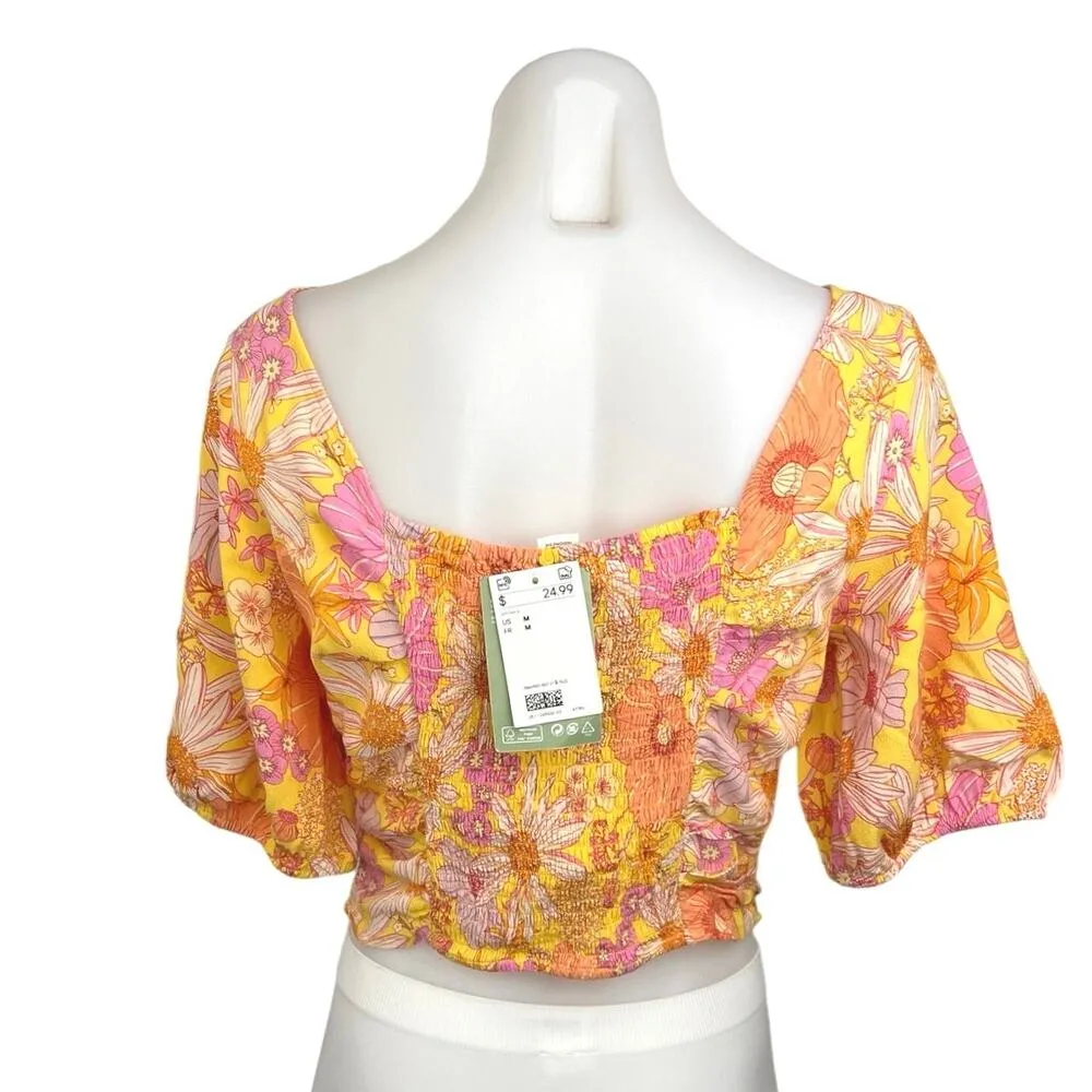 H&M Women's Floral Print V-Neck Puff Sleeve Drawstring Cropped Blouse Top Size M - Image 2