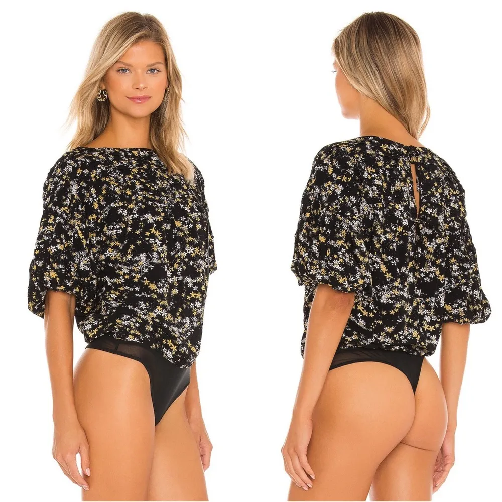 Free People • Dessa Bodysuit blouse black floral pleated yellow white flowers - Image 13