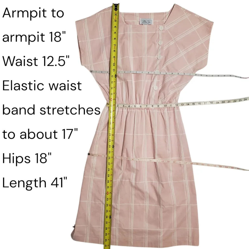 80s Does 50s 60s Vintage Lisa Jo pink dress with white buttons & stripes Size M - Image 5