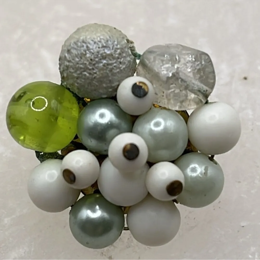 Japan cluster vintage clip on earrings green glass milk glass faux pearl style - Image 4