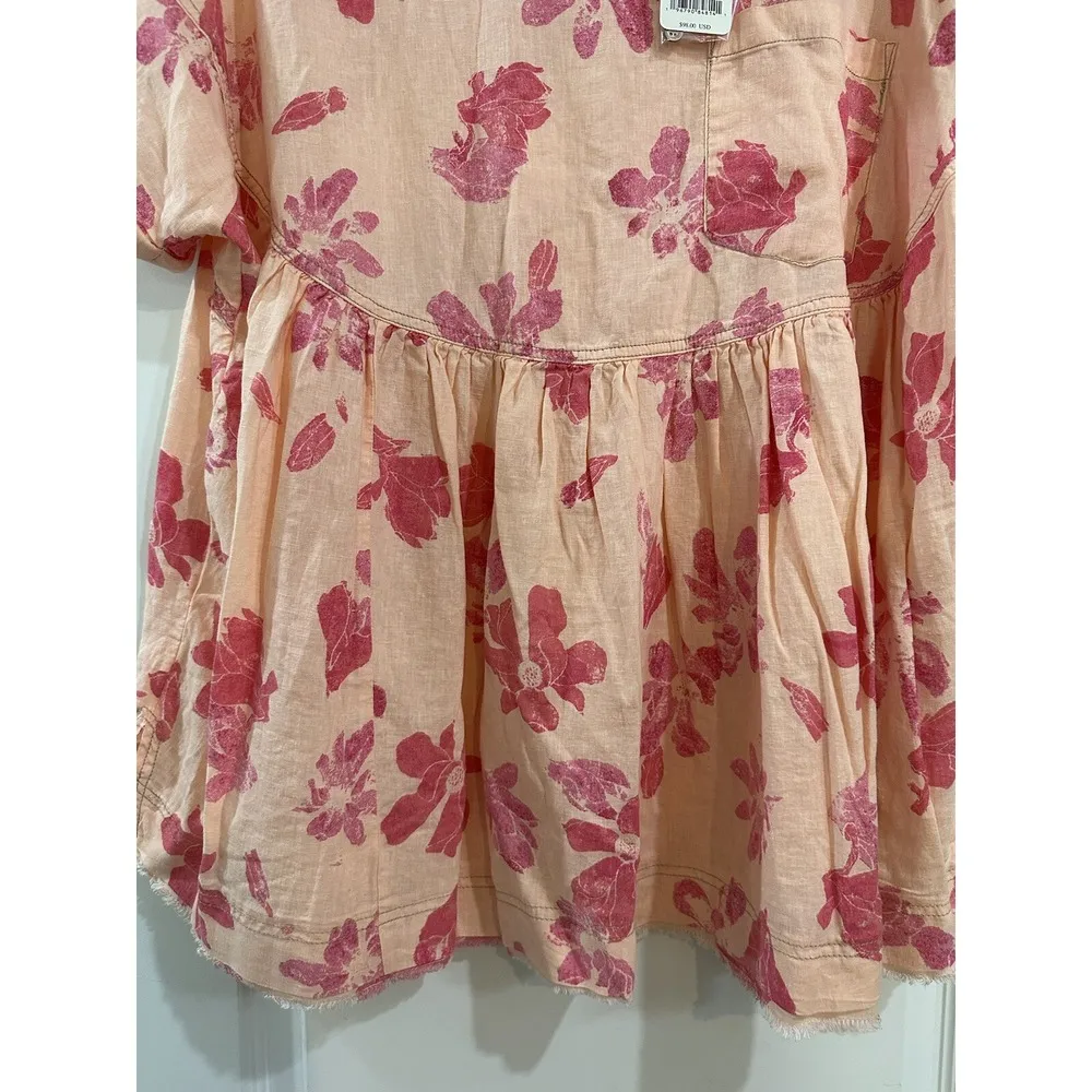 Free People Women's Small Floral Linen Top Peach Combo NWT $98 Pockets - Image 6
