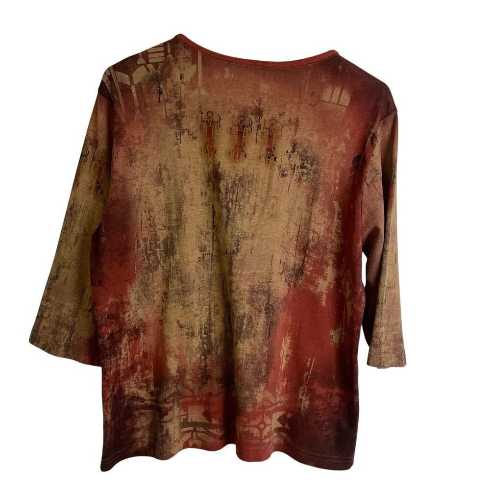 Cactus Top Womens Size XL Red Aztec Embellished Rhinestones Cotton Shirt Casual - Image 2