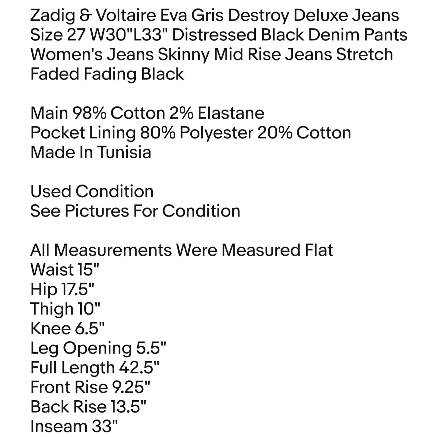 Zadig & Voltaire Eva Gris Destroy Deluxe Jeans Size 27 W30"L33" Distressed Black Denim Pants  - Image 2