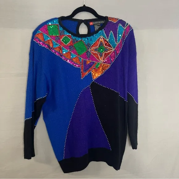 Vintage IB Diffusion Plus Size 1X Sequin Beaded Silk Wool Sweater Tacky 1992 Blue - Image 2