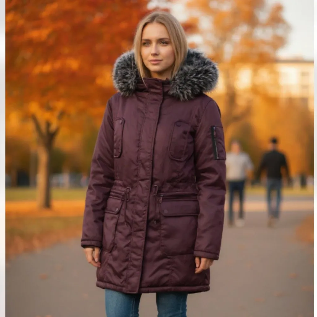 NWT Steve Madden Womens Faux Fur Trim Cold Weather Anorak Jacket In Merlot - Image 2