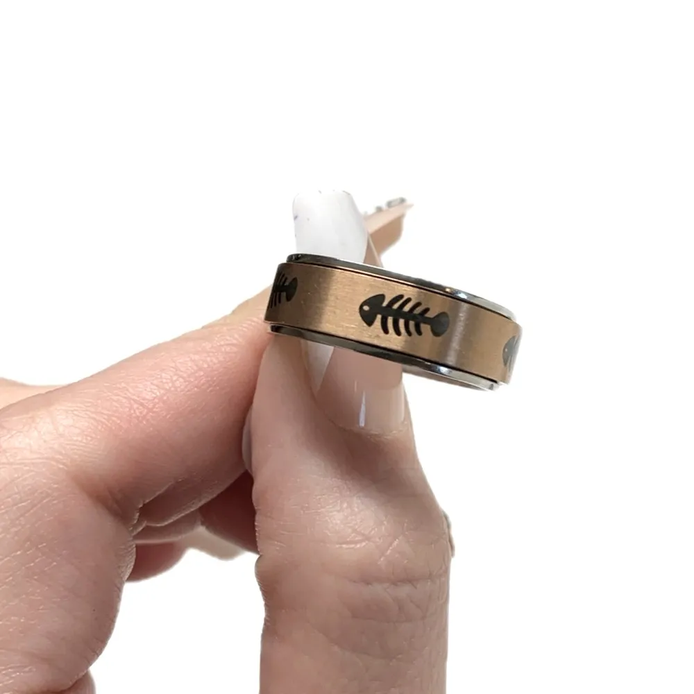 Rose Gold Fish Bones Anxiety Fidget Spinner Ring Pink Size 12 - Image 2