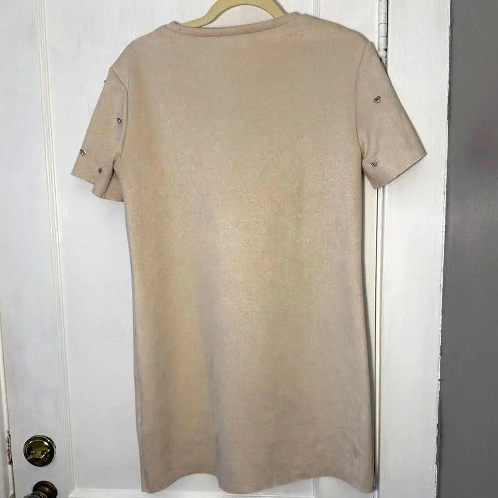 Zara Beige Tan Rhinestone Faux Suede Shift Dress Size S - Image 2