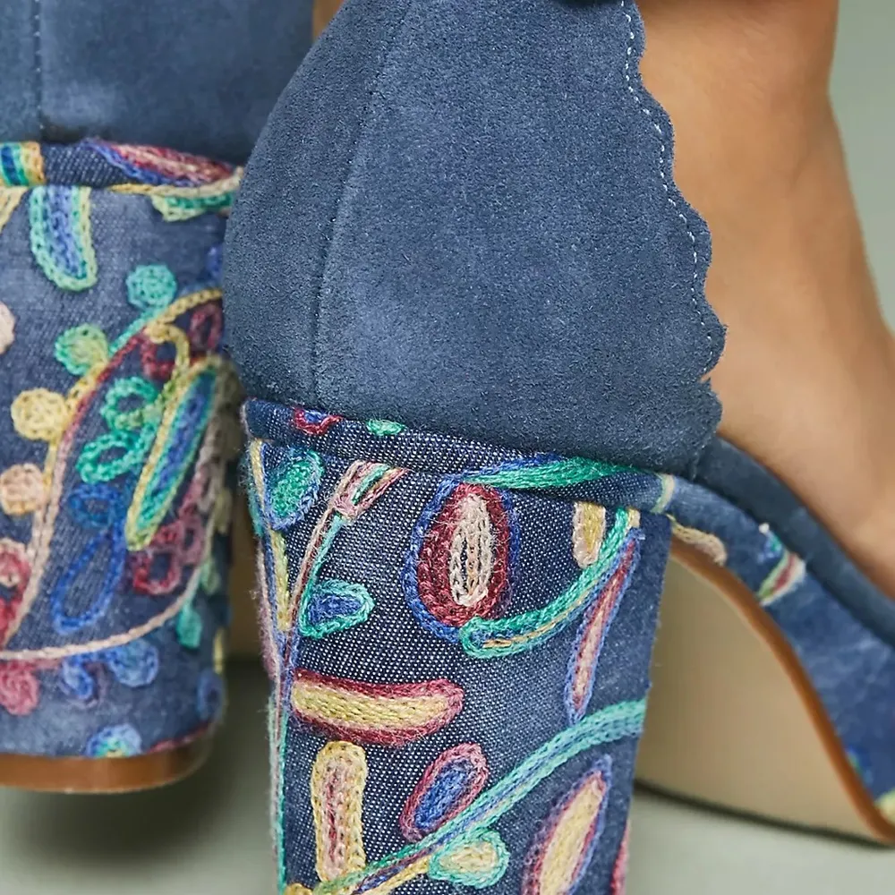 Anthropologie Platform Sandal Heel Womens 9 Ankle Strap Suede Floral Boho Blue - Image 3