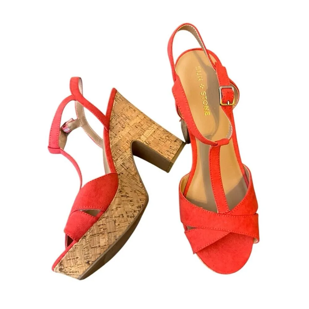 Sun + Stone Women Cork Heel Slingback Sandals Jamie Size US 10M Coral Pink - Image 2
