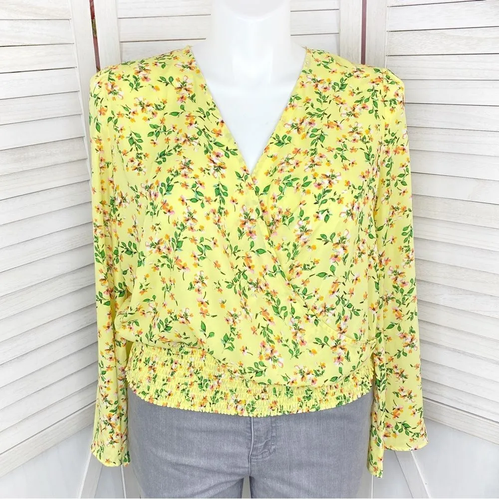 For The Republic Floral Bell Sleeve Surplice Blouse Yellow Large - Image 2
