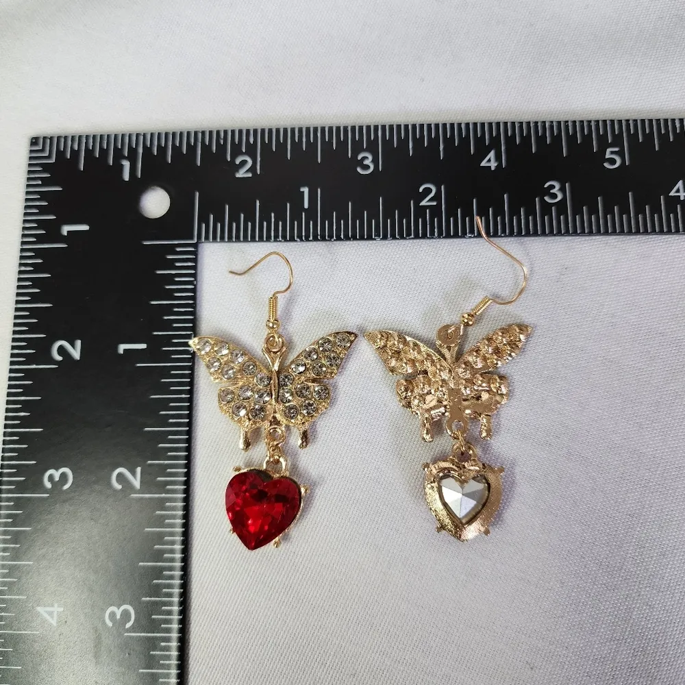 Gold Butterfly Earrings with Clear Crystal Sones and Red Crystal Heart Drop - Image 6