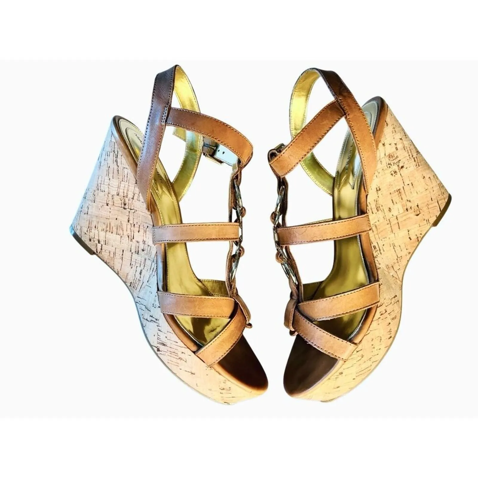 Marc Fisher Genny Brown Leather Strappy Wedge Sandals‎ Gold Metallic Details 10M - Image 2