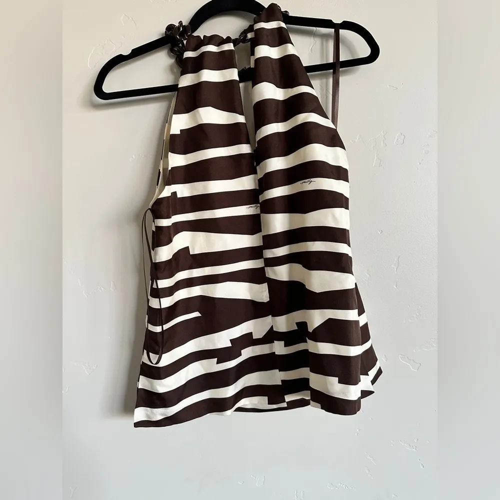 MILLY of New York silk tank with chain detail brown cream striped size 6 - Image 7