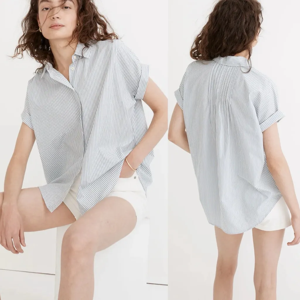 Madewell Courier Pintuck-Back Shirt in Stripe Blue White Oversized Cotton S - Image 2