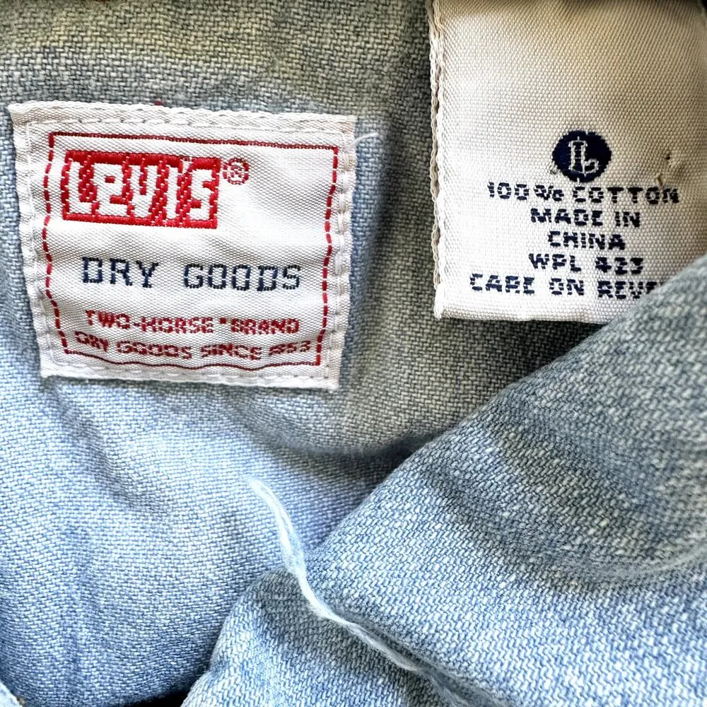 Levis Patchwork Denim Button Down Retro Western Chest Pocket Cotton Blue Large - Image 3