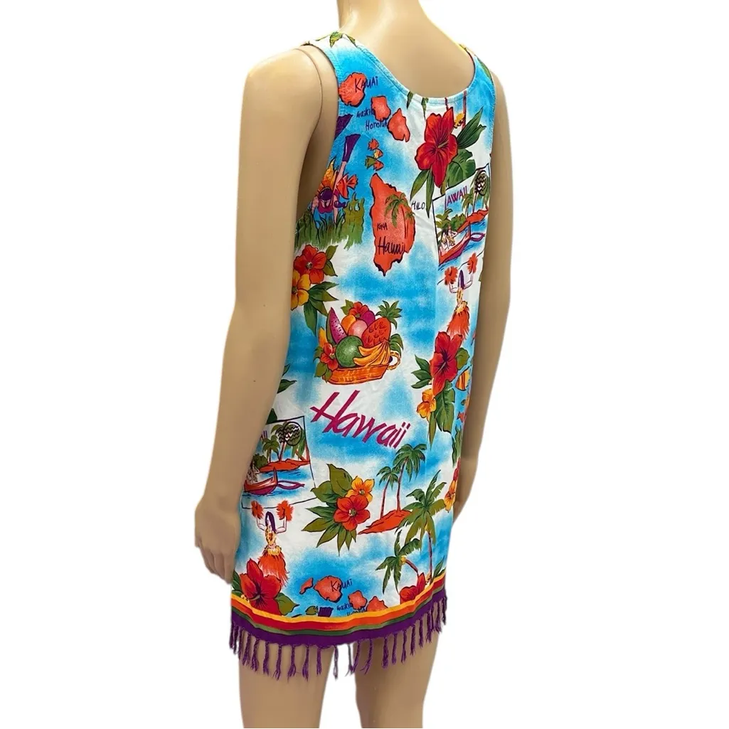 Vintage Beach Cabana Hawaiian Rayon Fringed Sleeveless Coverup Mini Dress Small Orange - Image 6