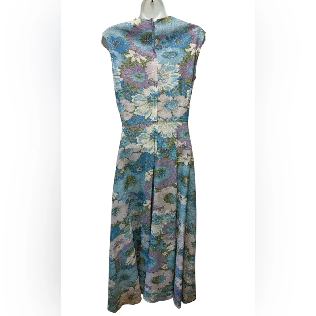 Handmade 70’s Floral Midi Length Dress by Sz 10 Empire Waist Sparkle Sleeveless - Image 4