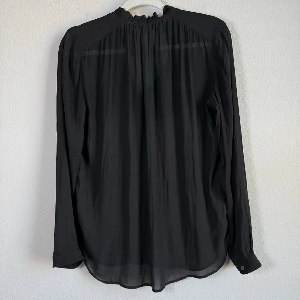 Loft Women's Small Sheer Long Sleeve Smocked‎ Tie Neck Blouse Black Casual - Image 3