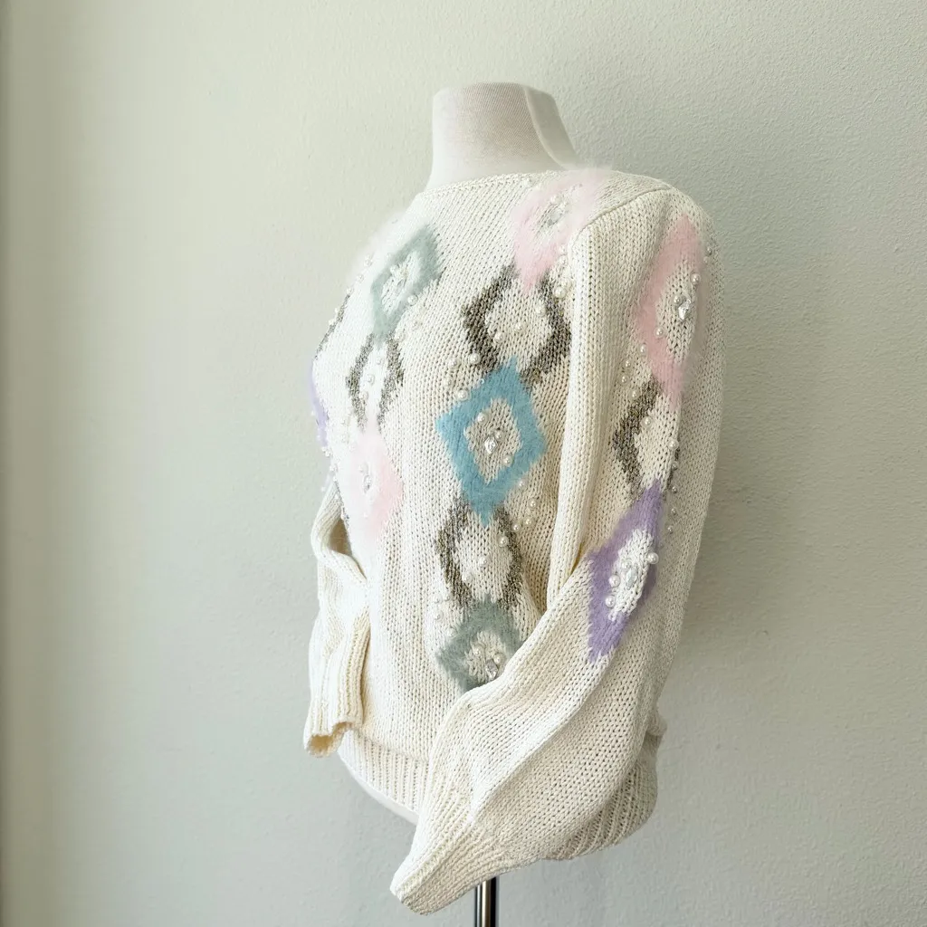 Vintage Nannell Sweater Geometric Pattern Cream, Purple, Blue Pink Size S White - Image 6
