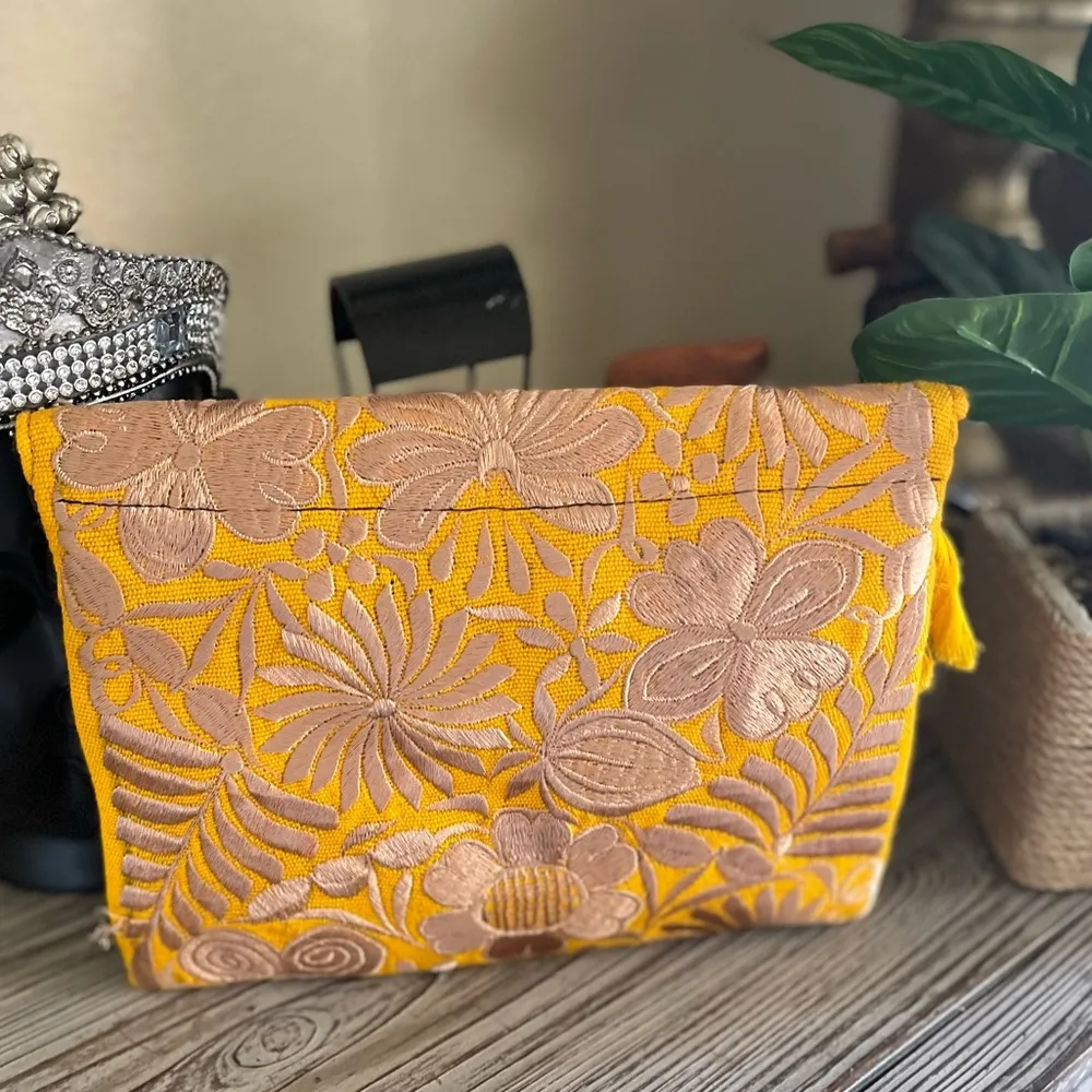NEW Embroidery Purse Boho Floral Purse Clutch Envelope Bag Tassel Yellow - Image 13