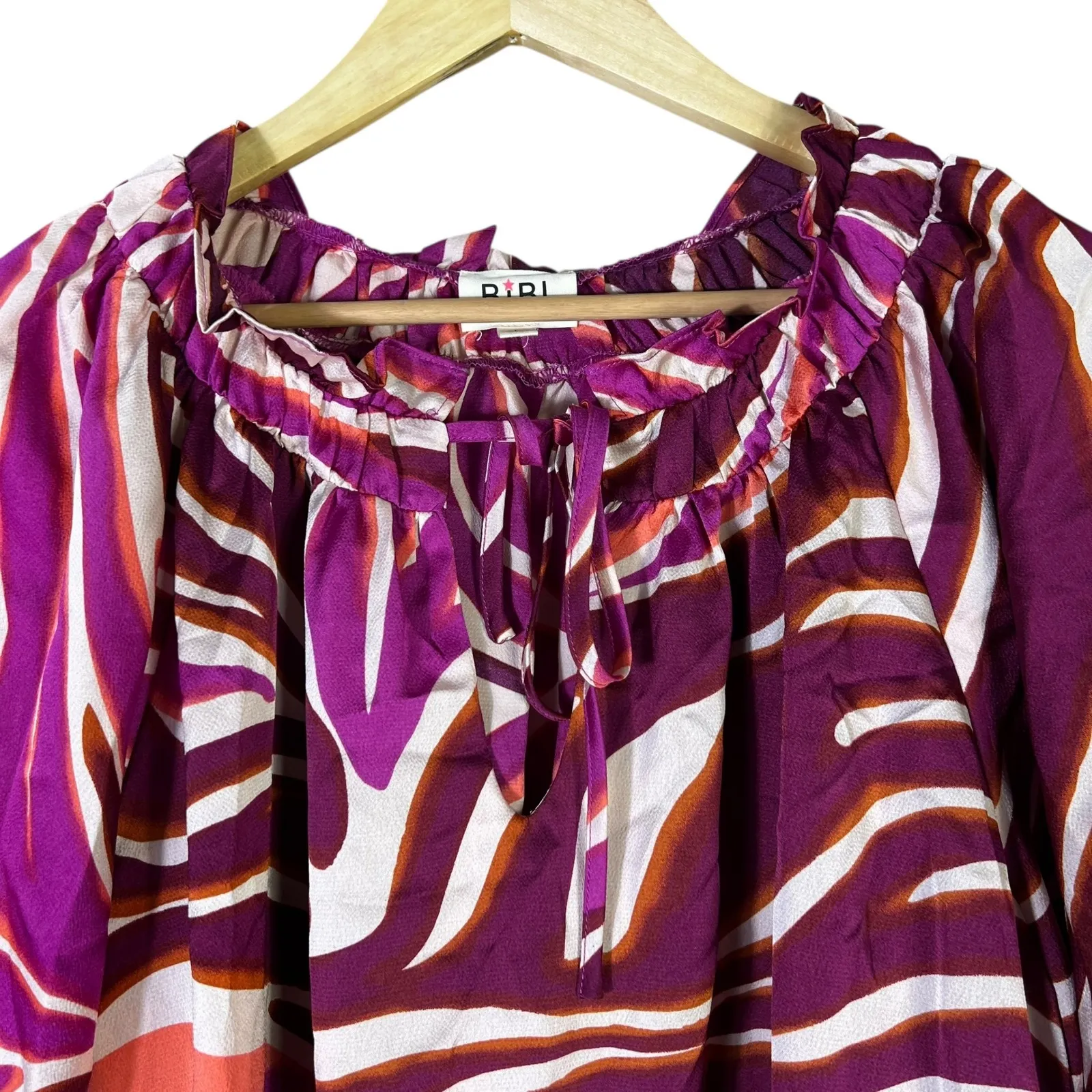BIBI Womens Purple White Satin Zebra Print Peasant Top Size L Coastal Old Money Size L - Image 3