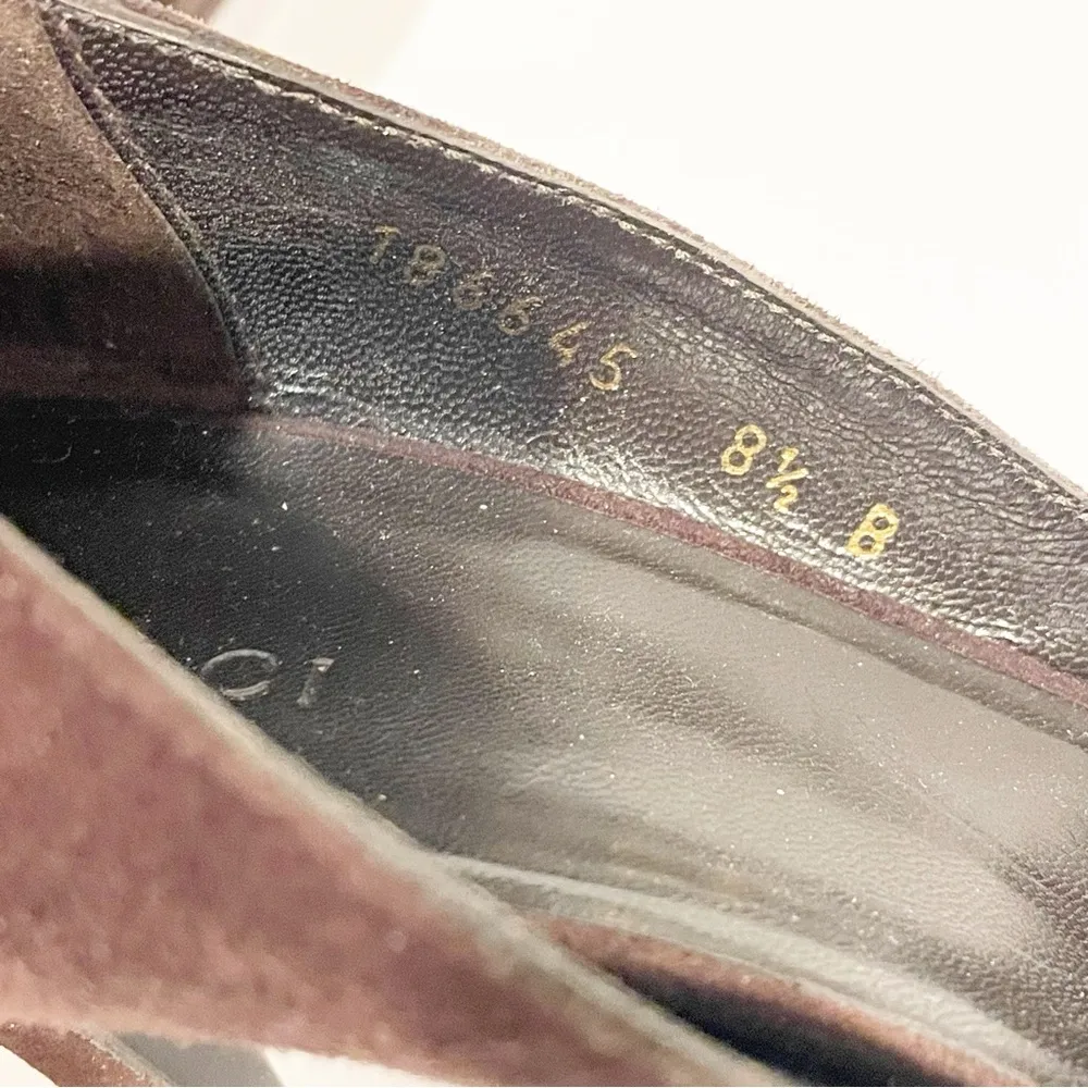 Gucci Chocolate Brown Suede Gold Trim Peep Toe Classic Pumps Heels Size 8.5 - Image 8