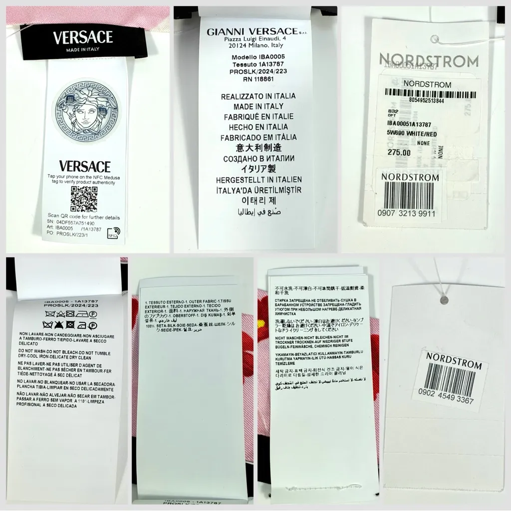 Versace Strawberry Garden Silk Skinny Twill Scarf Tie Logo Pink Red NWT - Image 6