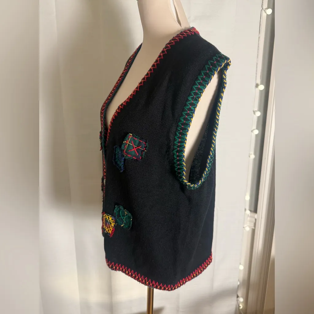 1995 Susan Bristol Vintage Sweater Vest XL Patchwork Embroidered Ramie Cotton - Image 3