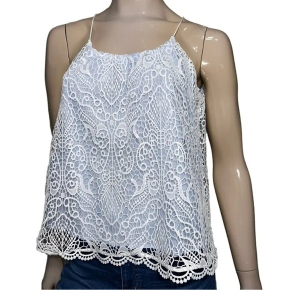 BB Dakota Women’s Size S Blue White Pinstripe White Lace Overlay Norelle Tie Top - Image 2