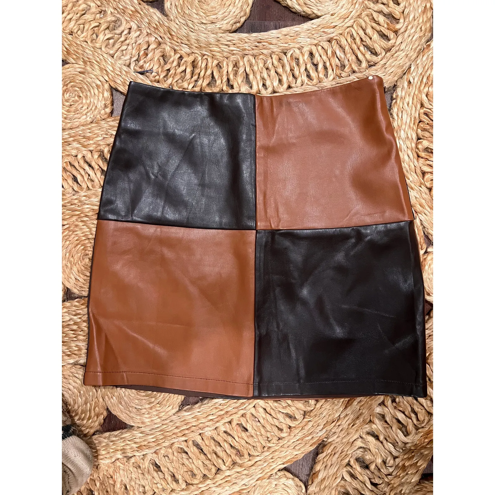 Revolve SuperDry Faux Leather Color Block Mini Skirt Small Brown Tan - Image 5