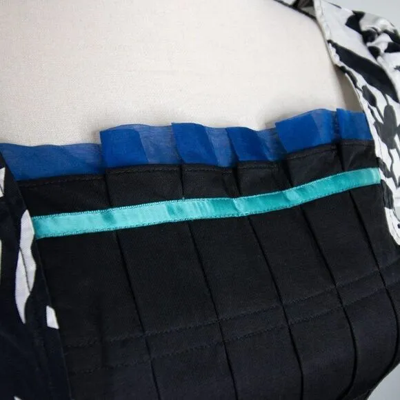 Vintage floral print black‎ white, square neck, bubble short sleeve sheath dress Black Size XXS - Image 5