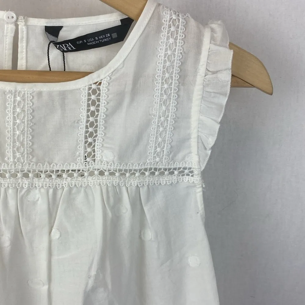 Zara White Sleeveless Crochet Lace A Line Ruffle Top NEW S - Image 3