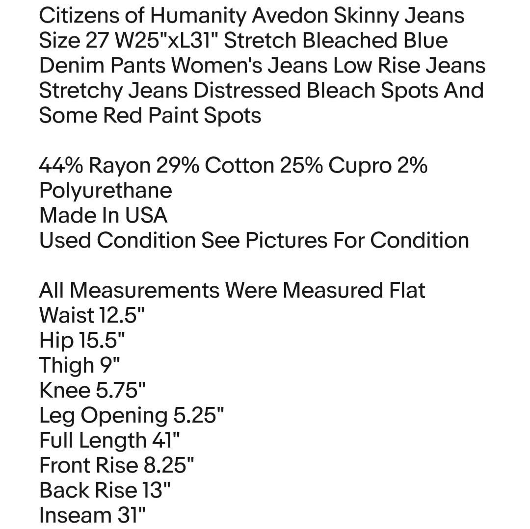 Citizens of Humanity Avedon Skinny Jeans Size 27 W25"xL31" Stretch Bleached Blue Denim Pants - Image 2