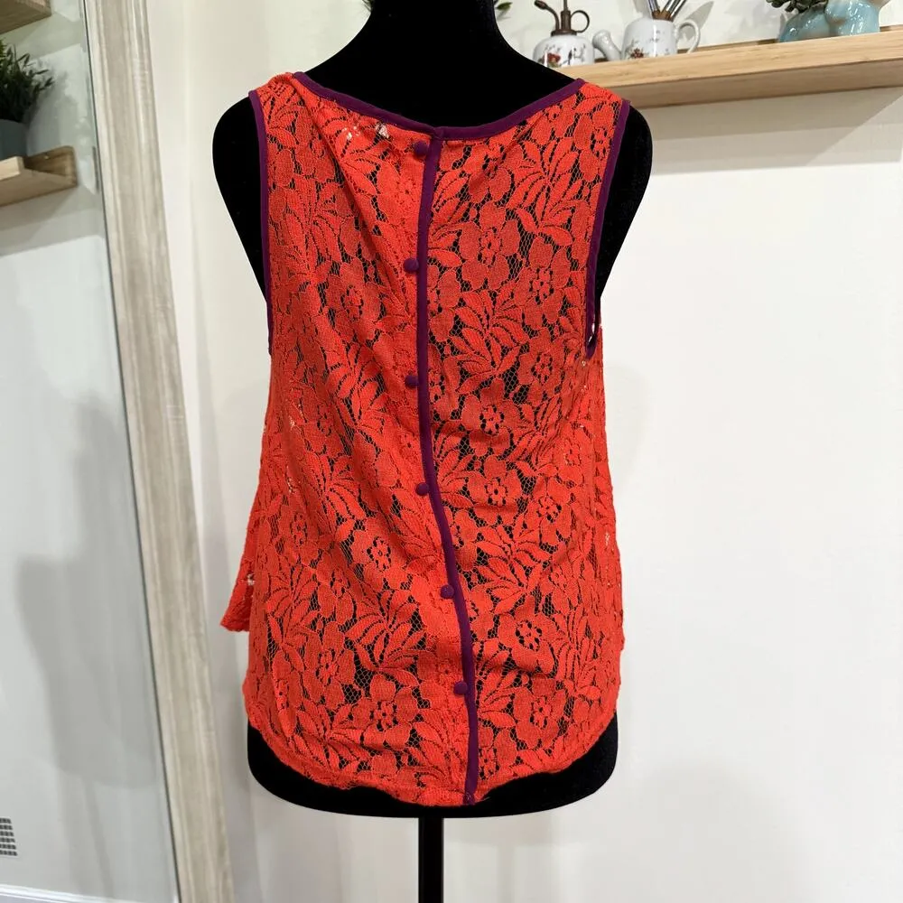 Burnt Orange Sheer Lace Tank Top with Purple Piping Women's Size Medium - Image 4