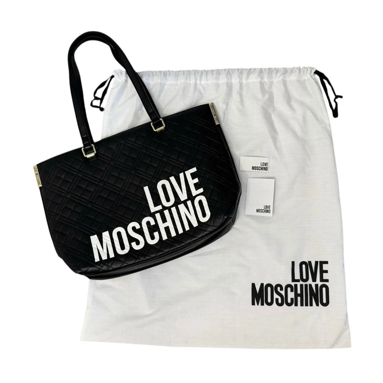 LOVE MOSCHINO Faux Leather Black Quilted Shoulder Purse Tote Bag Double Strap - Image 2