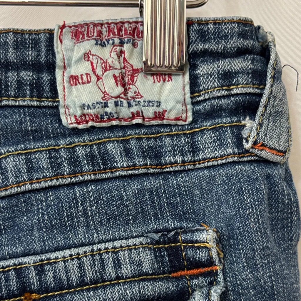 True Religion Blue Denim Shorts with Red Accents - Image 3