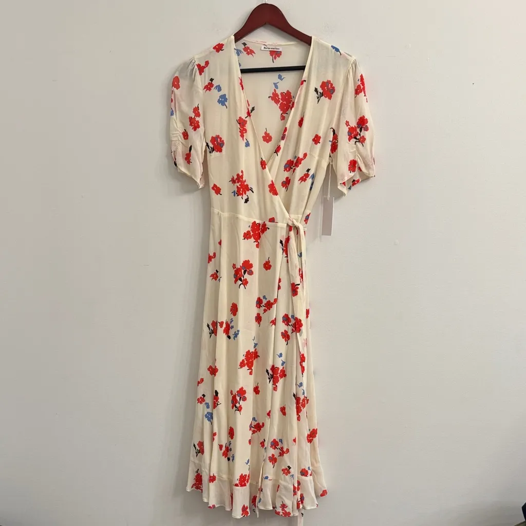 REFORMATION Chagall Cream Red Floral Print NAPA Wrap Midi Crepe Dress sz Small - Image 5