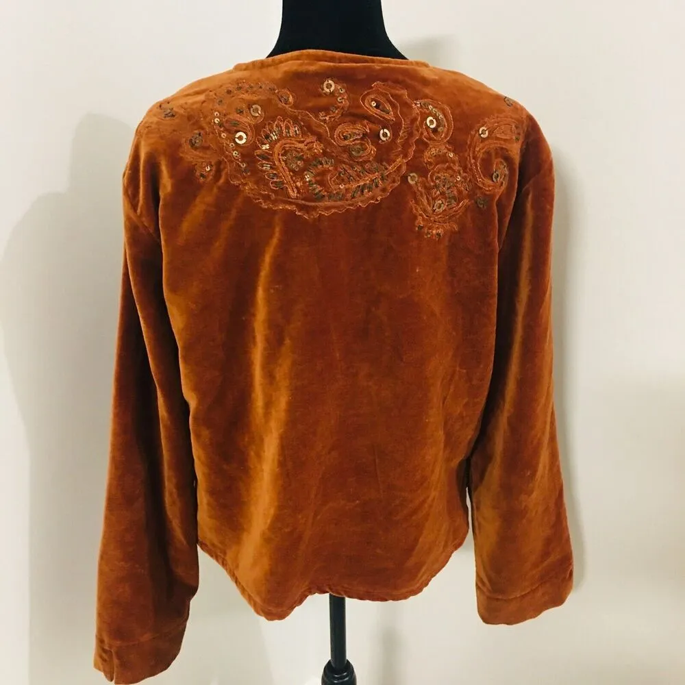 CHICO'S Boho Rust Velvet Cropped Beaded Embroidered Paisley Jacket 1 Small - Image 4